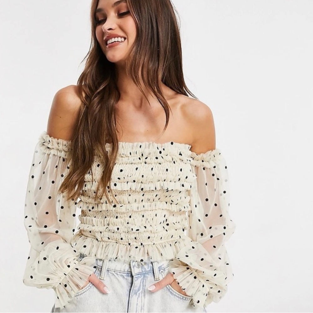 ASOS Cream Off-Shoulder Polka Dot Blouse